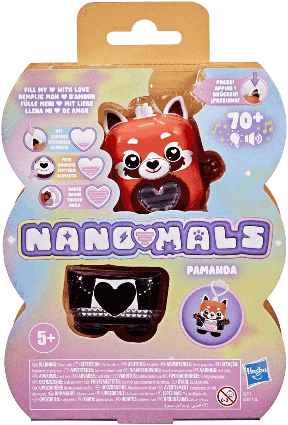 Verpackung der Nano-Mals Pamanda Spielzeugfigur mit rotem Panda im schwarz-weißen Outfit.