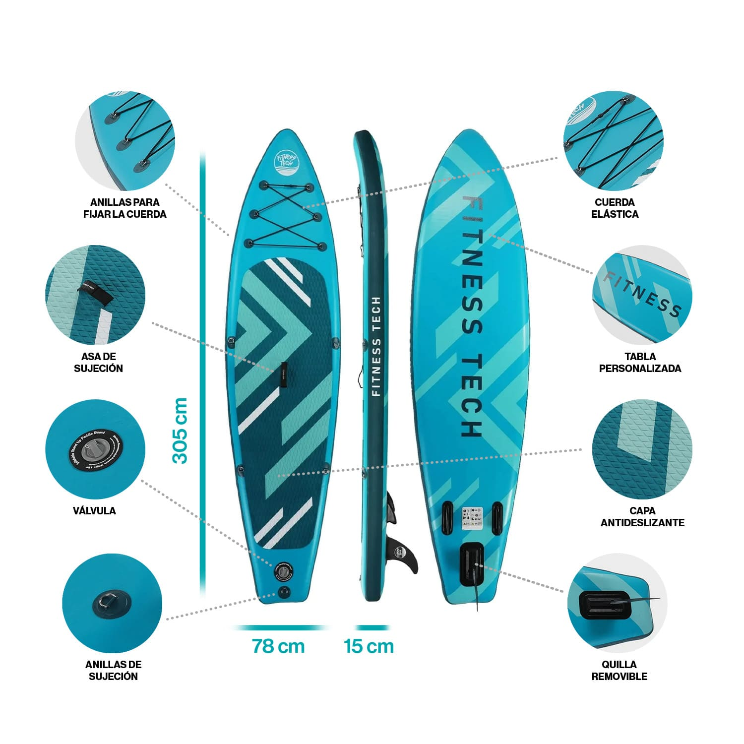 Tabla SUP azul turquesa con dimensiones y primeros planos de válvulas y anillas.