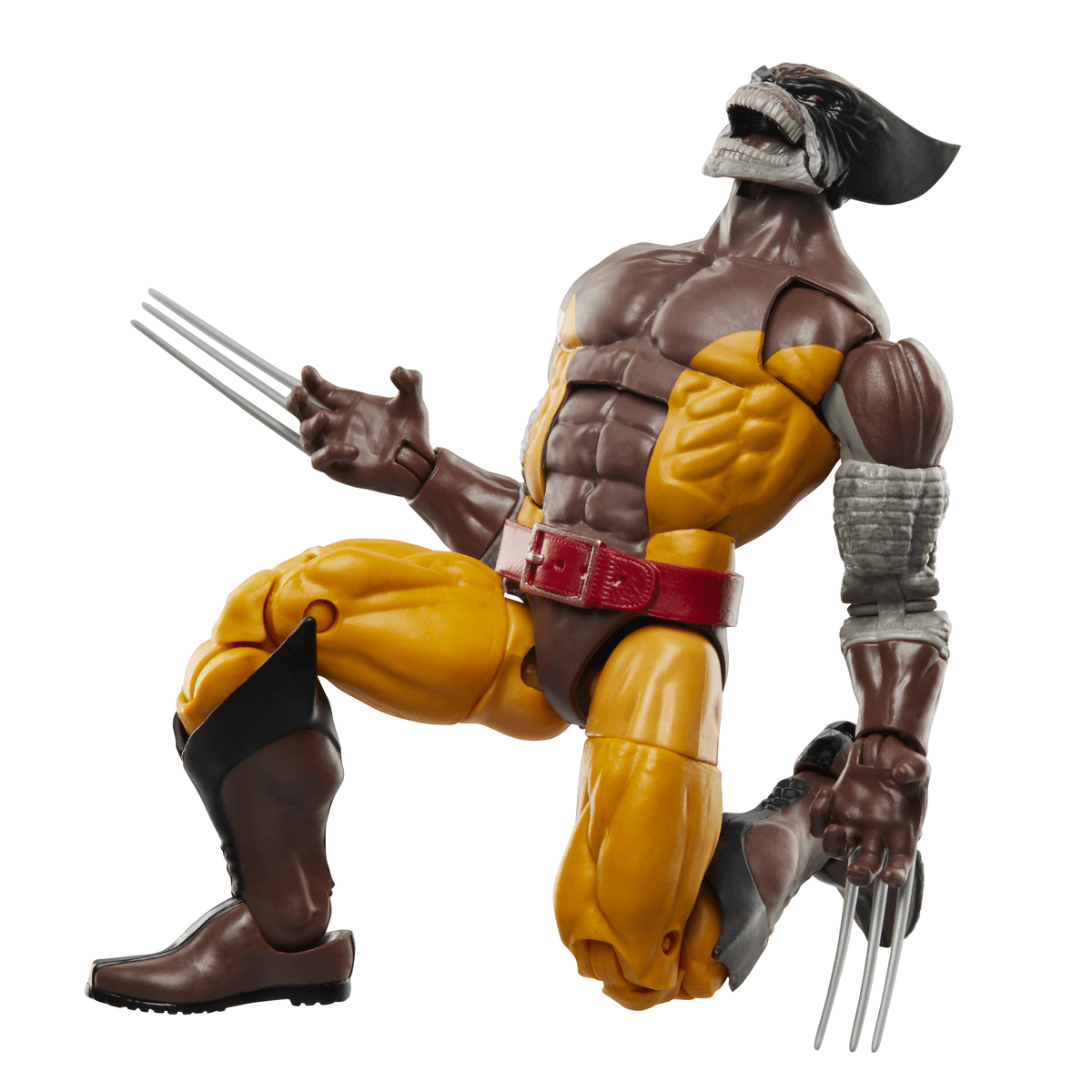 Figura de acción de Wolverine en traje marrón y amarillo arrodillado con garras y mueca.