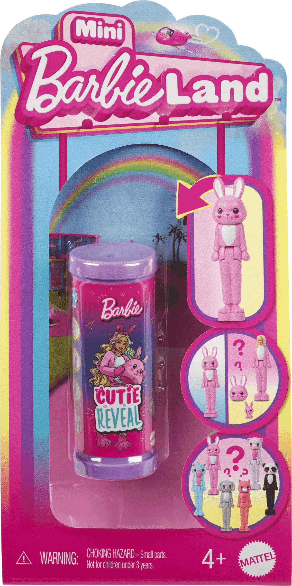 Mini Barbie Land Cutie Reveal Spielzeugverpackung mit einer pinken Hasenfigur und Zubehör.