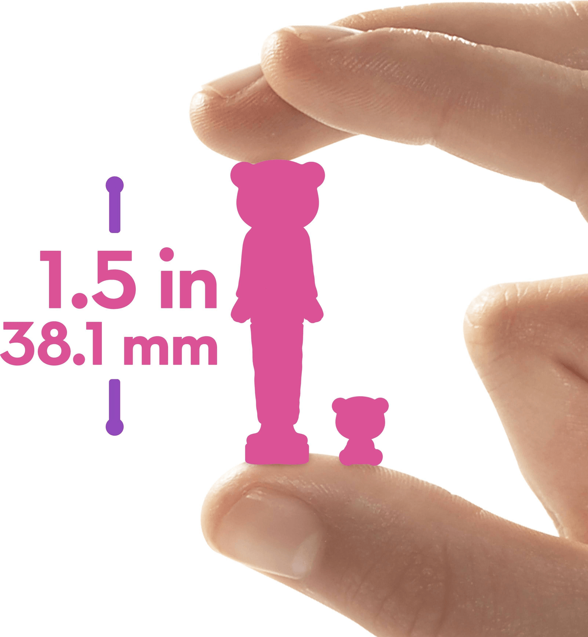 Zwei rosa Bärchenfiguren zwischen Fingern; die größere ist 1,5 Zoll bzw. 38,1 mm groß.