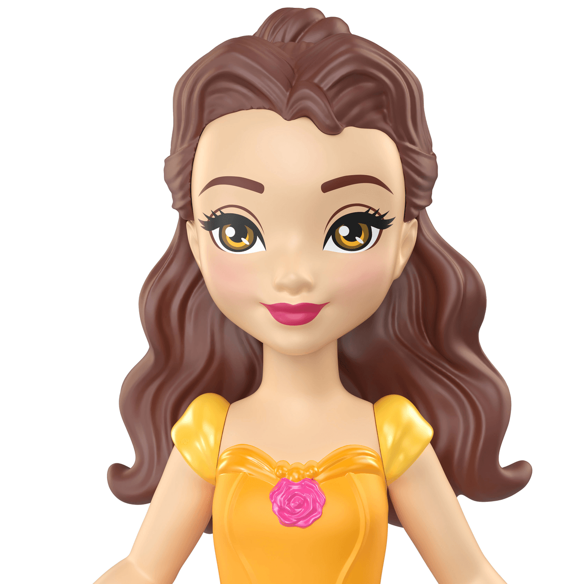 Nahaufnahme einer Spielzeugprinzessin mit braunen Haaren, großen braunen Augen und einem gelben Kleid mit pinker Rose.