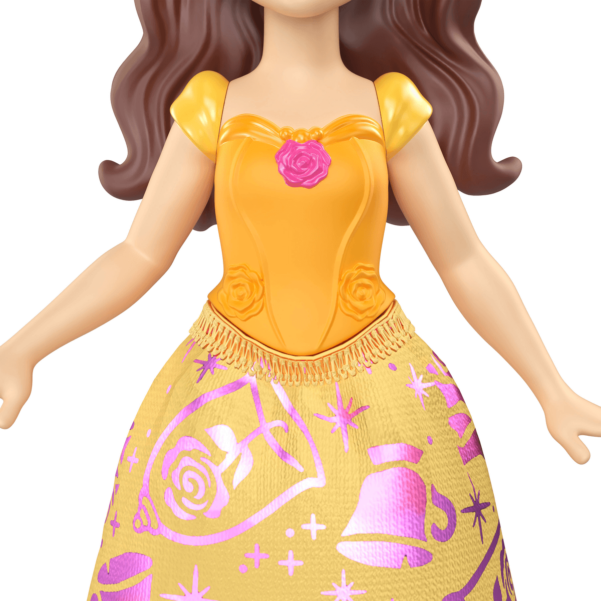 Puppentorso in gelbem Kleid mit rosa Rosenmuster und glänzenden Verzierungen.