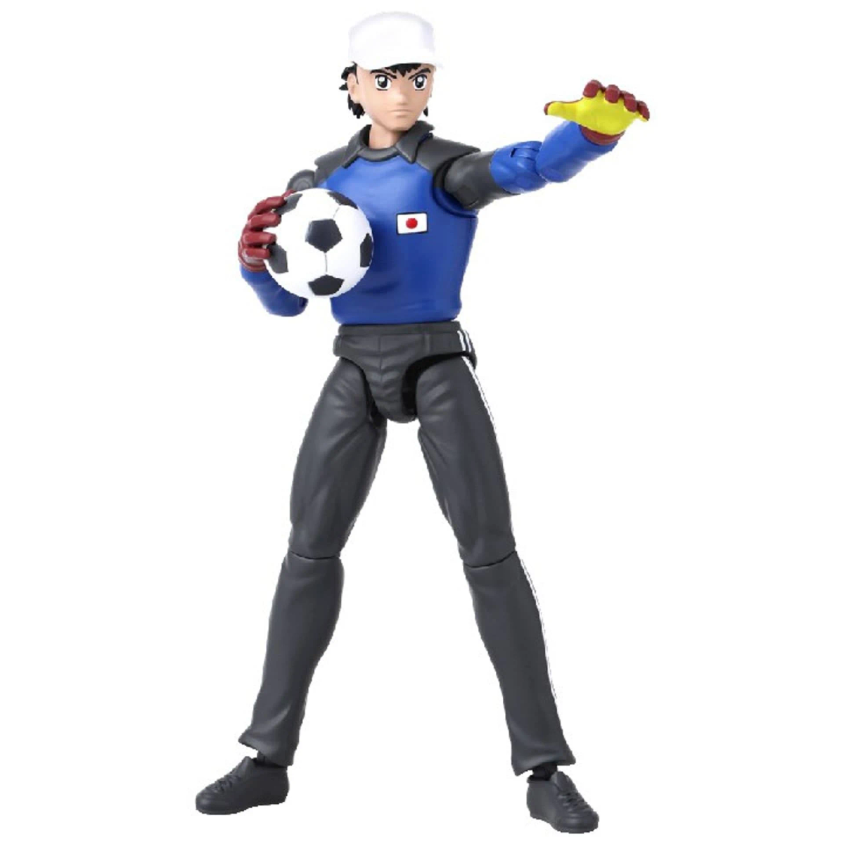 Eine Actionfigur eines Torhüters in einem blauen Trikot mit Ball vor weißem Hintergrund.