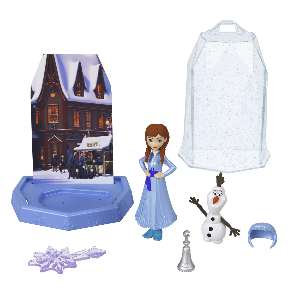 Juego de Frozen con Anna, Olaf, una bola de nieve y un fondo invernal sobre fondo blanco.