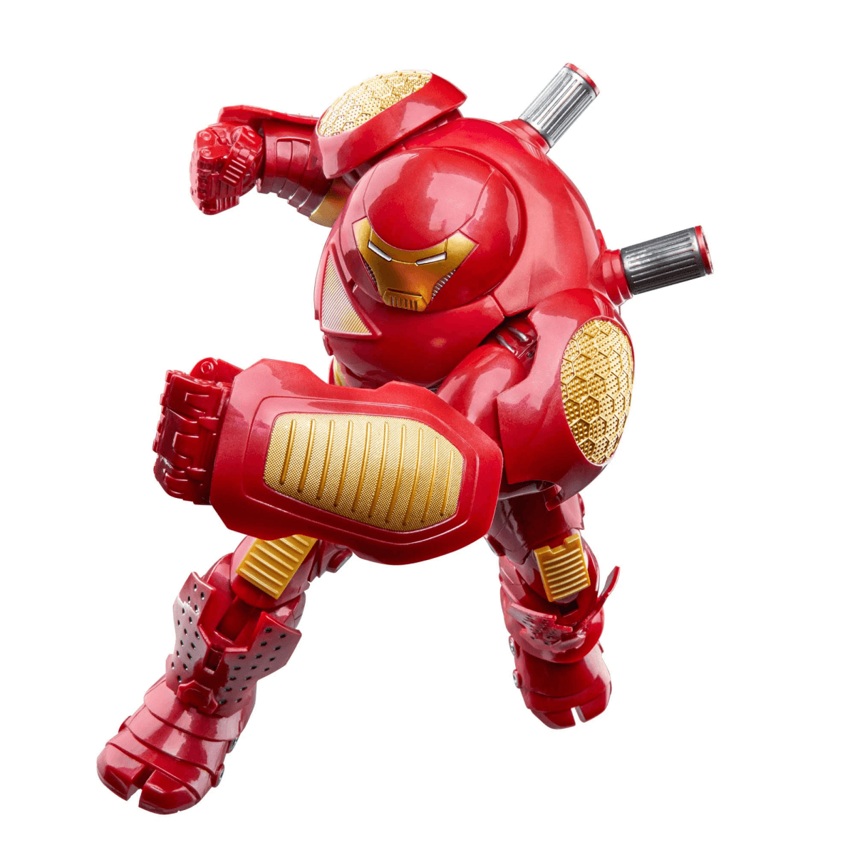 Un'action figure di Hulkbuster rossa e oro in una posa d'azione dinamica su sfondo bianco.