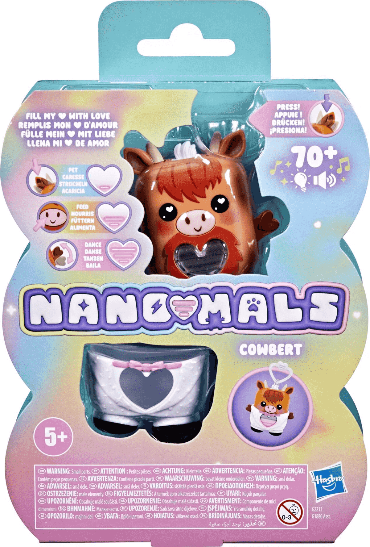 Juguete Nanomals Cowbert en caja colorida con un tierno personaje de vaca marrón y accesorios.