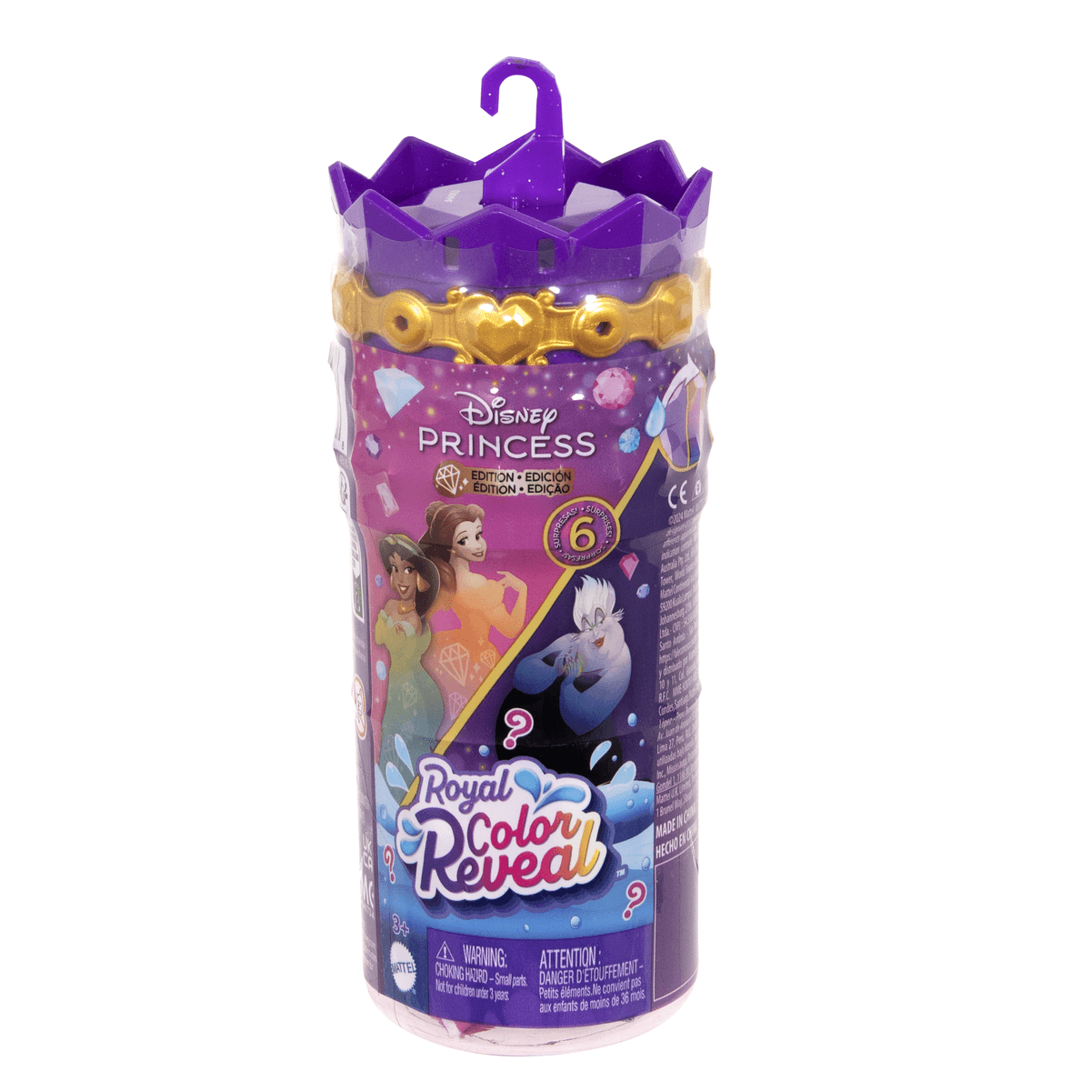Ein lila Disney Princess Royal Color Reveal Spielzeugbehälter mit goldenem Kronendeckel und Charaktergrafiken.