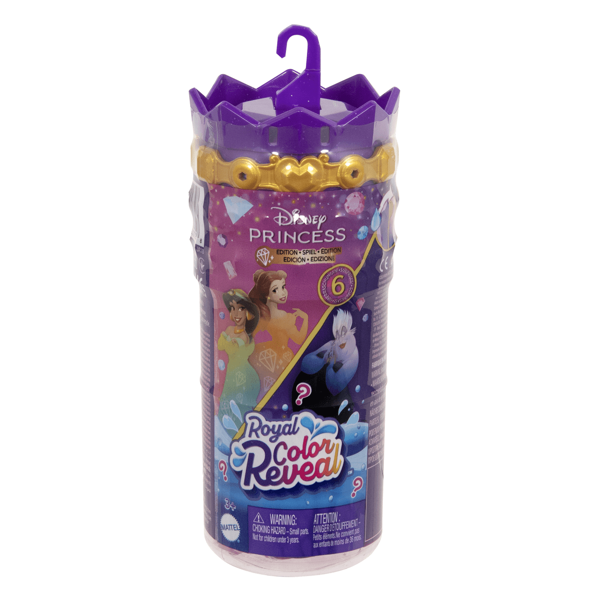 Disney Princess Royal Color Reveal Puppen-Zylinder mit lila Kronendeckel und Charaktergrafiken.
