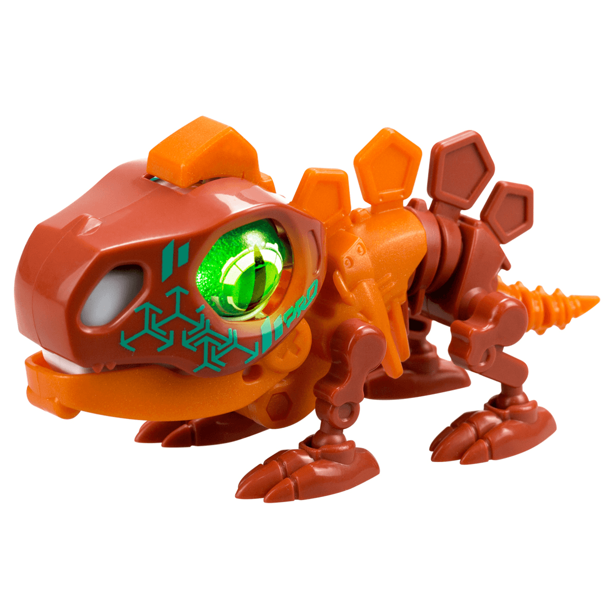Un dinosaurio de juguete rojo y naranja con grandes ojos verdes brillantes.