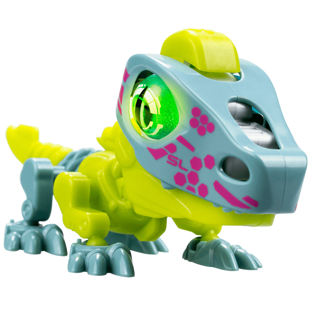 Un dinosaurio de juguete con ojo verde iluminado, cabeza azul con patrones rosas y cuerpo amarillo y gris sobre fondo blanco.