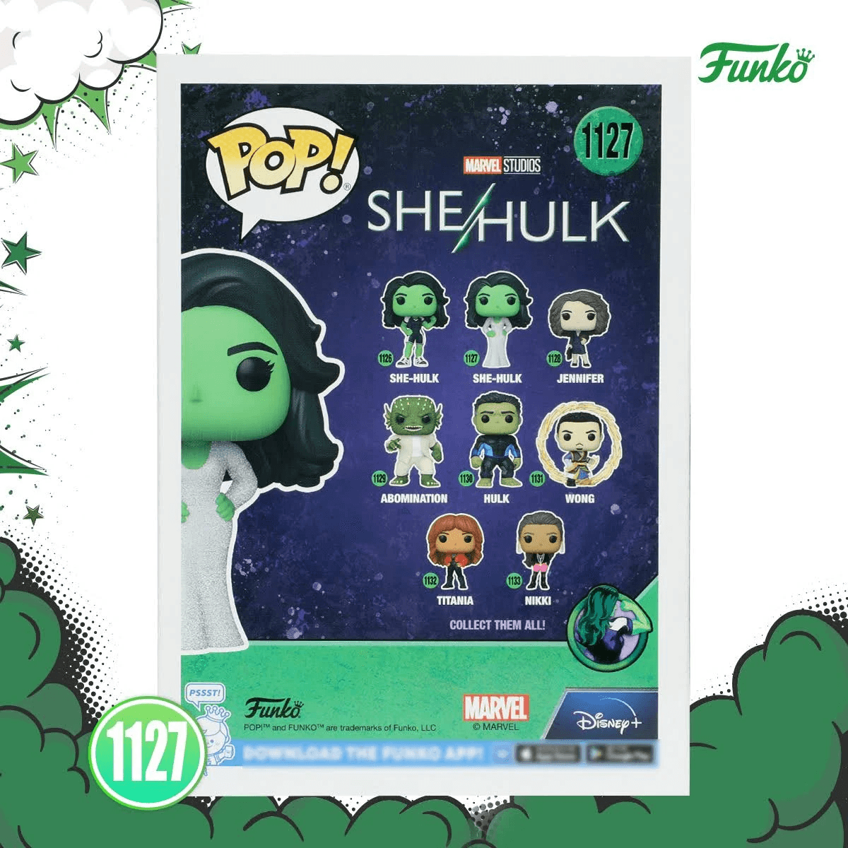 Retro di una scatola Funko Pop di She-Hulk con illustrazioni di personaggi.