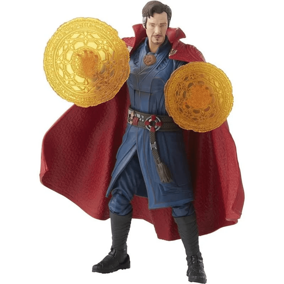 Una figura de acción de Doctor Strange con capa roja y escudos mágicos amarillos.
