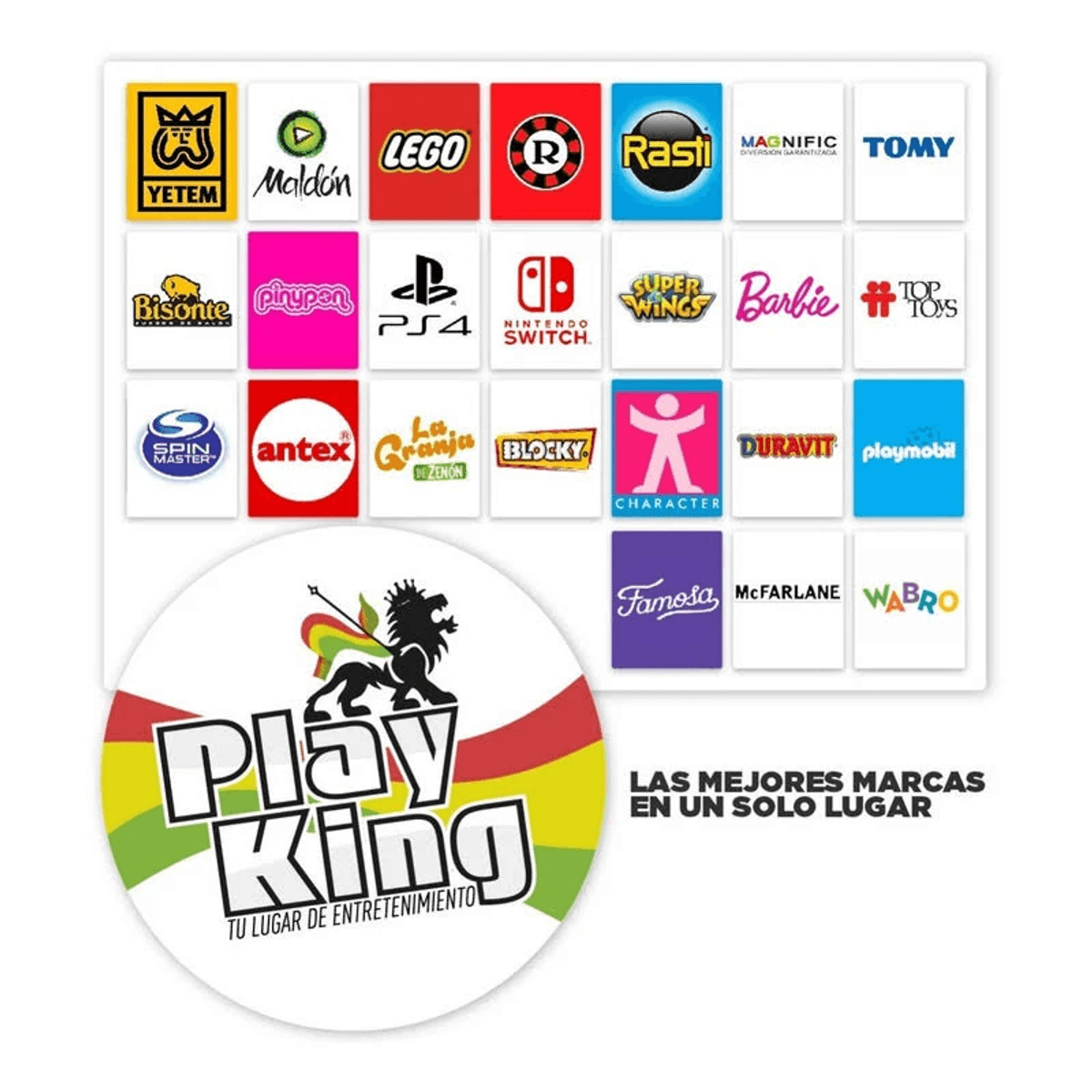 Collage de varios logotipos de marcas de juguetes y un logotipo circular de Play King con un león.