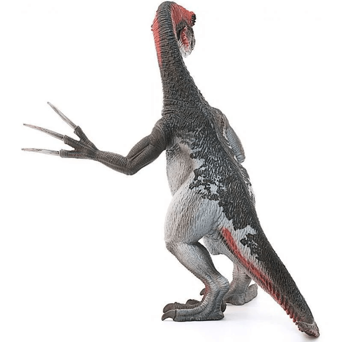 Un giocattolo di Therizinosaurus con artigli lunghi e motivi grigio-rossi.