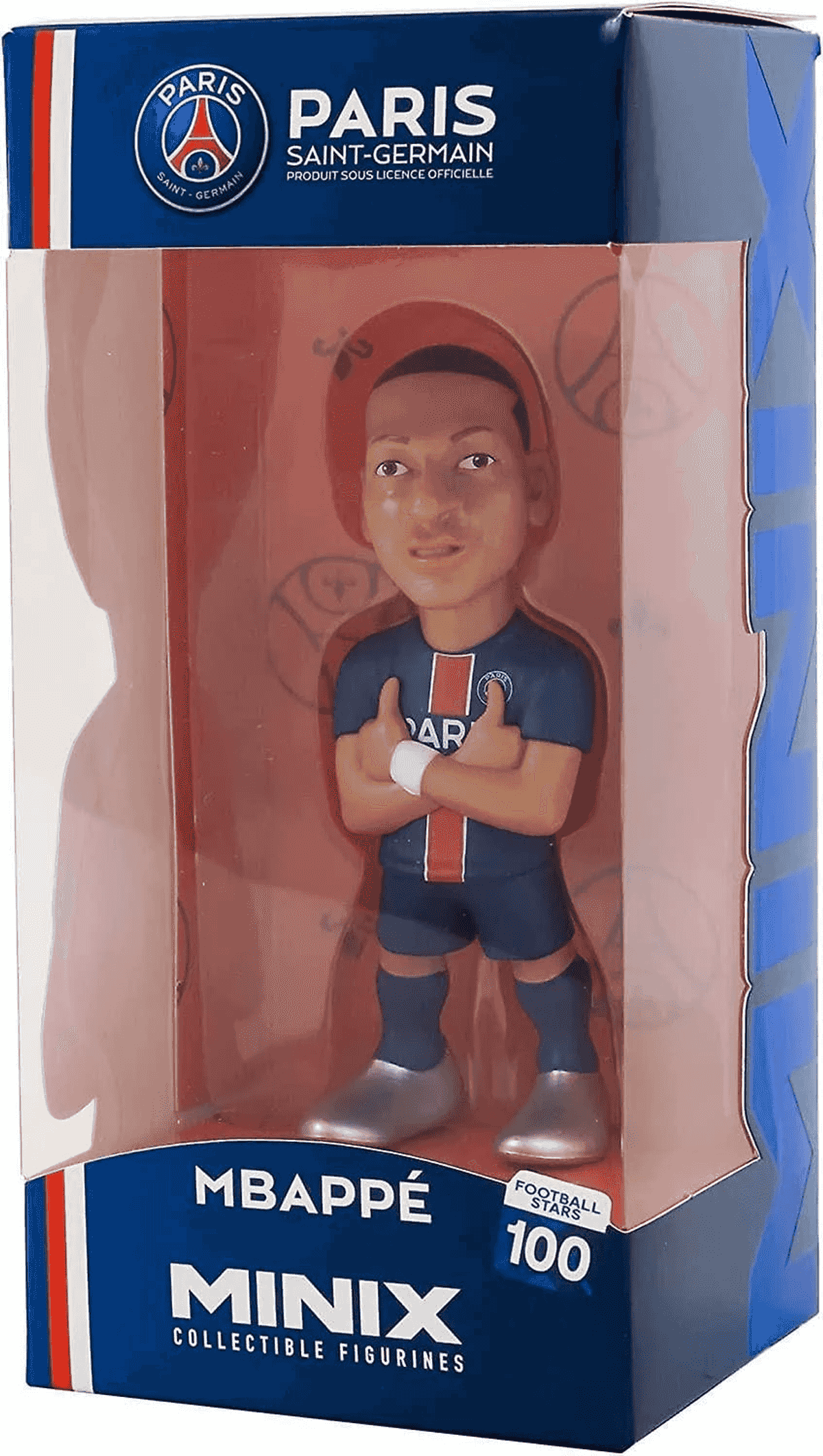 Una statuetta da collezione Minix di Kylian Mbappe del PSG in una scatola blu e rossa.