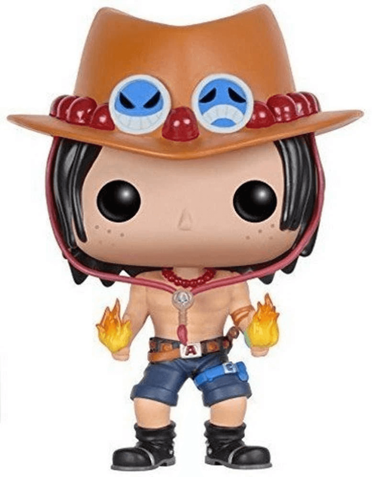 Figura Funko Pop de Portgas D. Ace con sombrero, detalles azules y rojos, y llamas en ambas manos.
