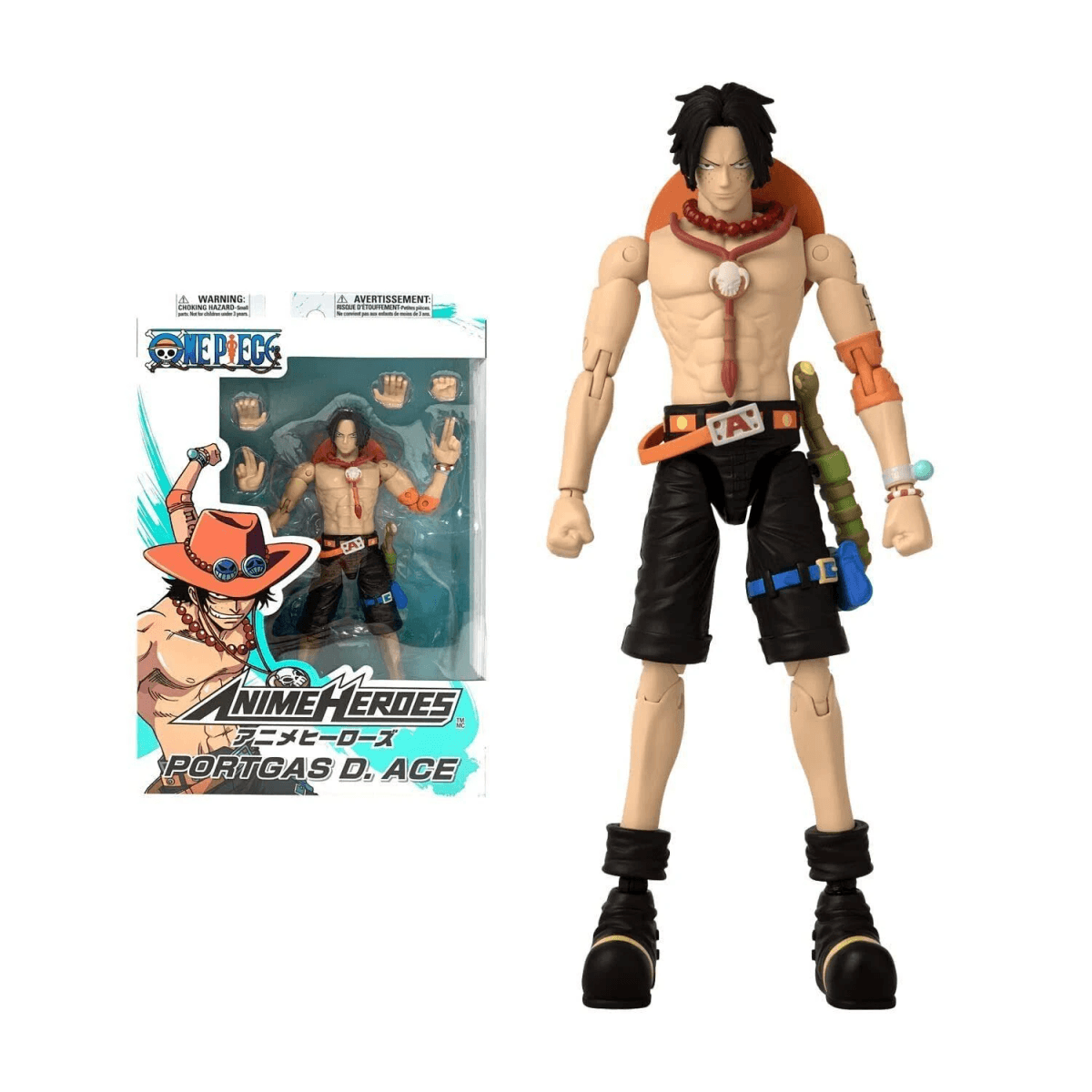 Figura de acción de Portgas D. Ace de One Piece con su caja y manos intercambiables.