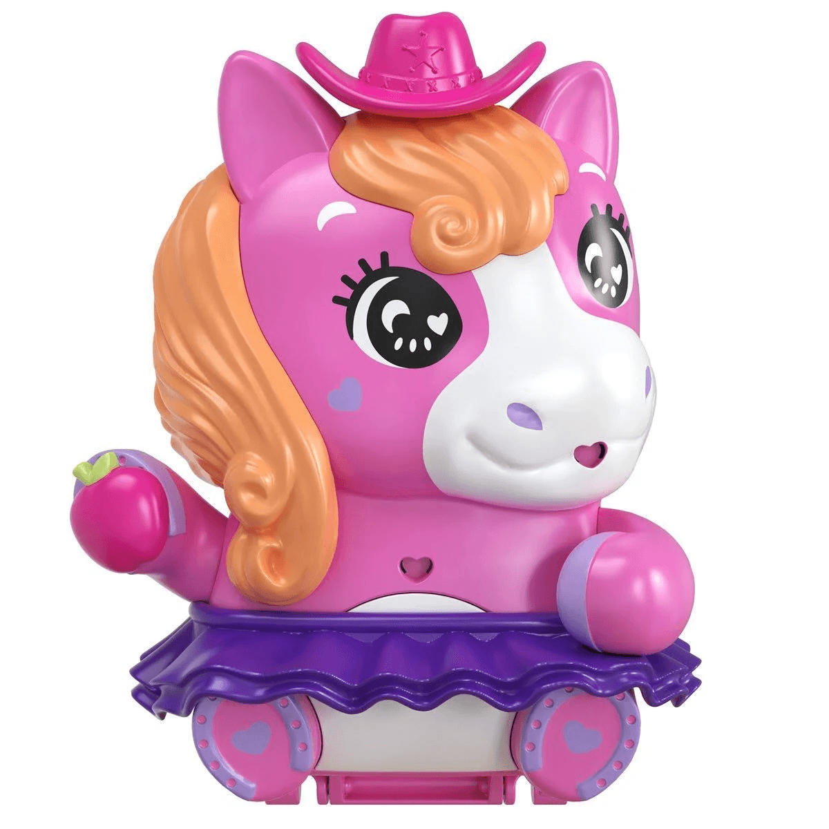 Un cavallo giocattolo rosa con criniera arancione, cappello da cowboy, gonna viola e grandi occhi su sfondo bianco.