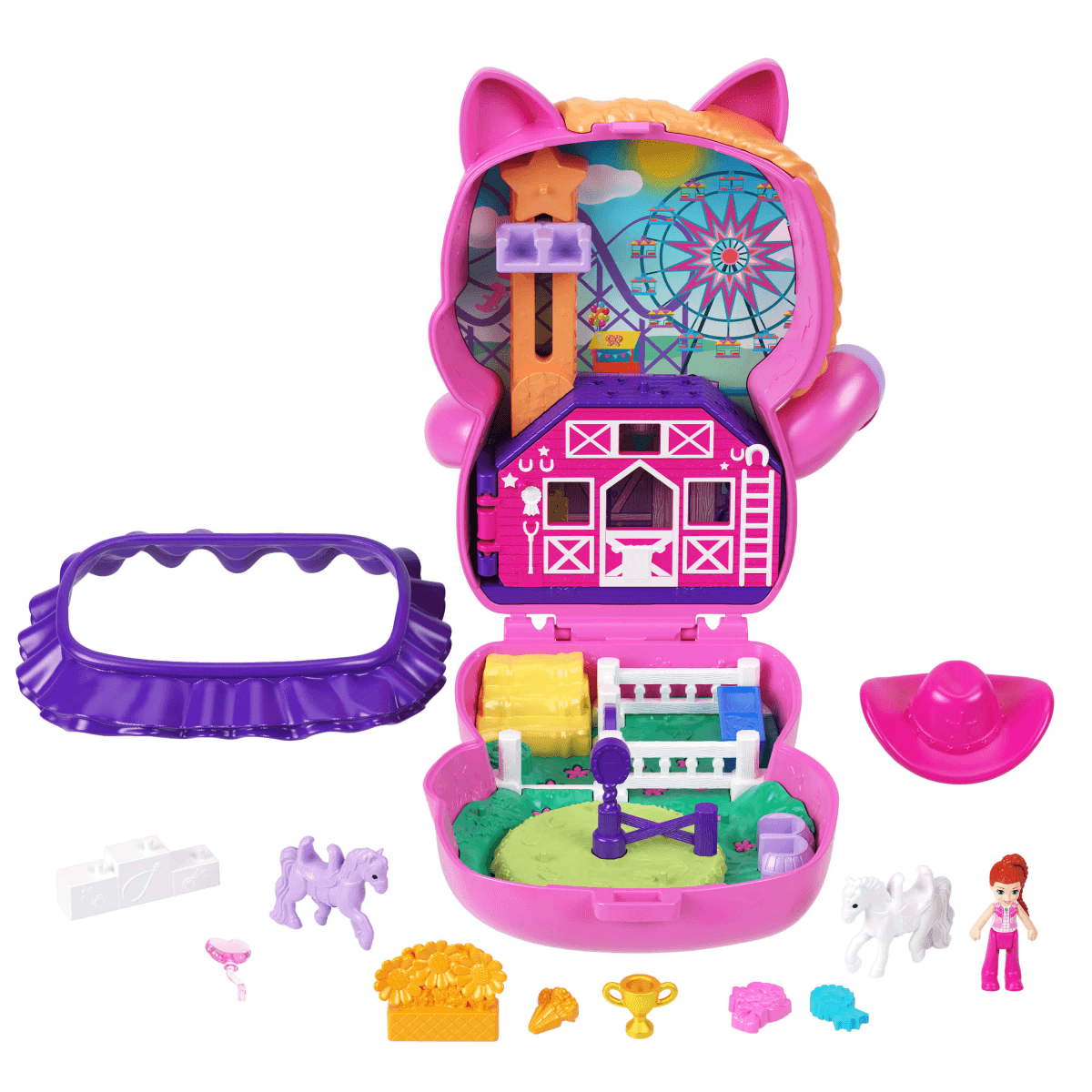 Un set da gioco rosa a forma di gatto aperto che mostra una fattoria, una giostra, cavalli e accessori.