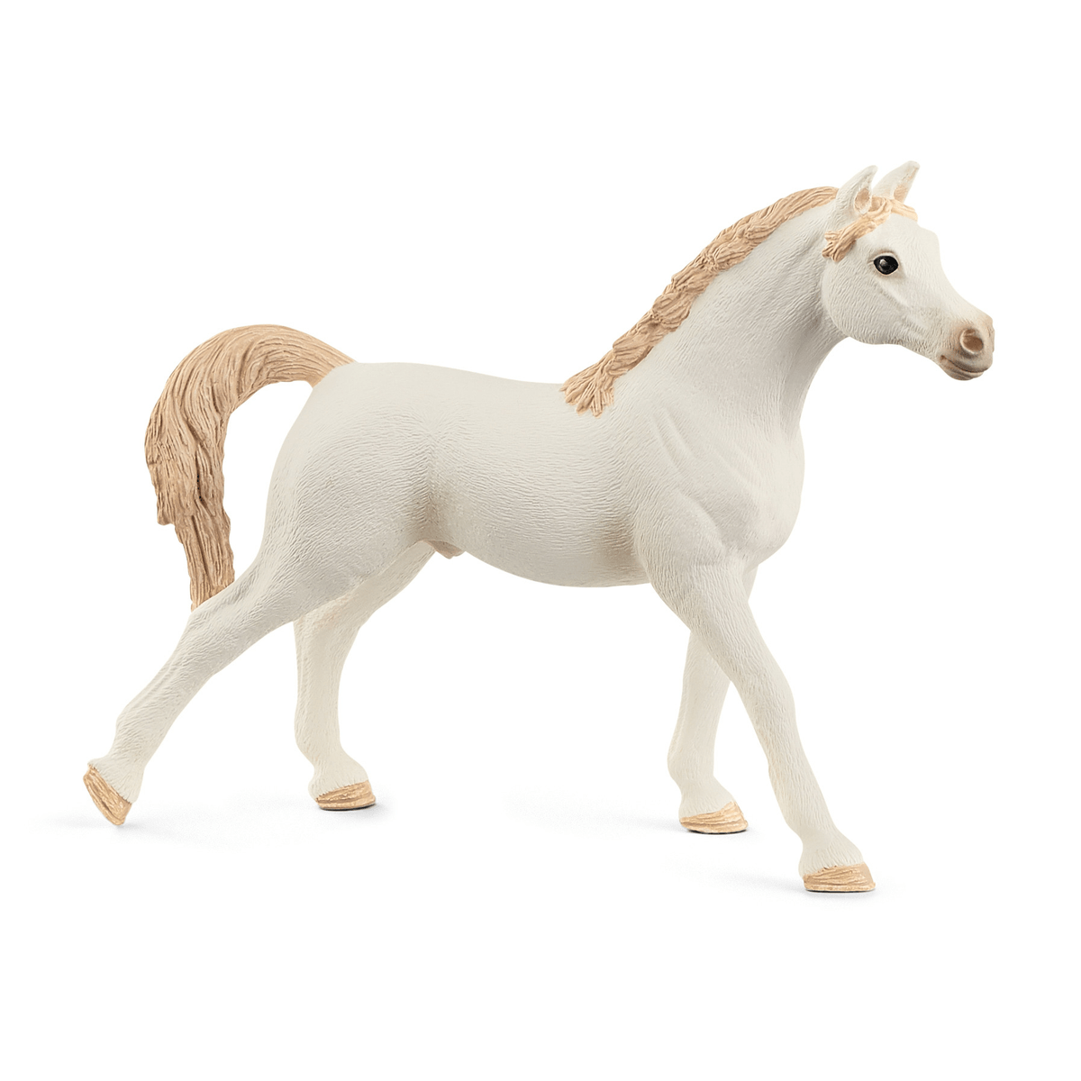 Un cavallo giocattolo bianco con criniera e coda bionde su sfondo bianco.