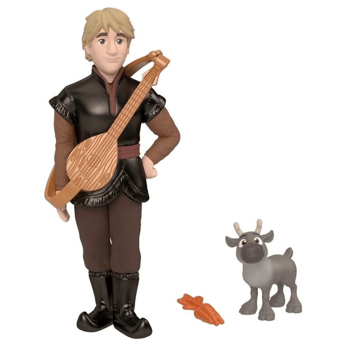 Kristoff-Figur mit Laute, kleinem Rentier und Karotte vor weißem Hintergrund.