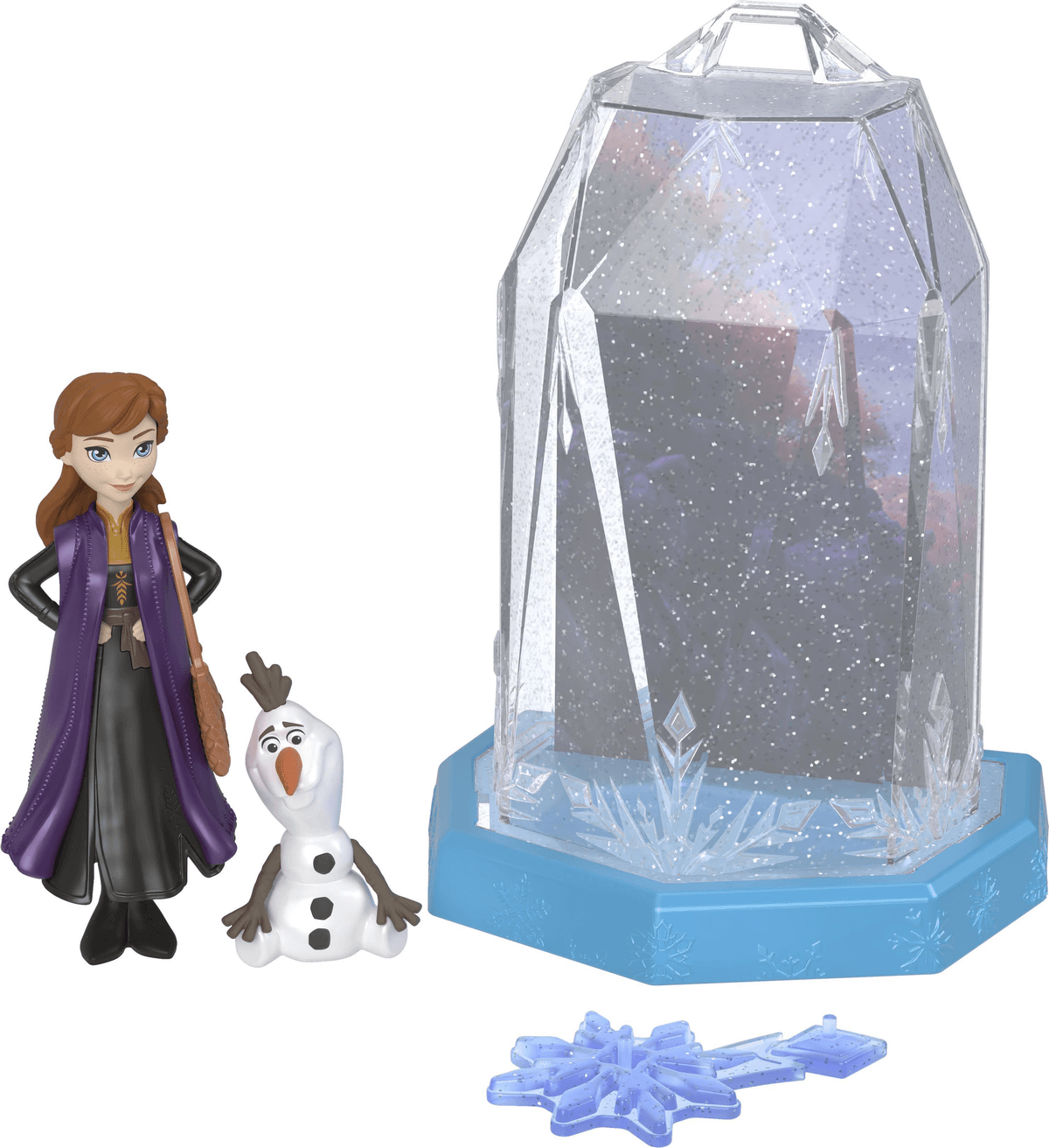 Frozen Anna und Olaf Figuren neben einer transparenten Eiskugel mit Schneeflocken und blauer Basis.