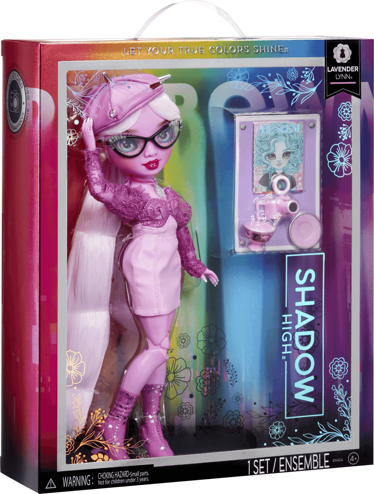 Muñeca de moda Lavender Lynn morada en caja colorida con accesorios.