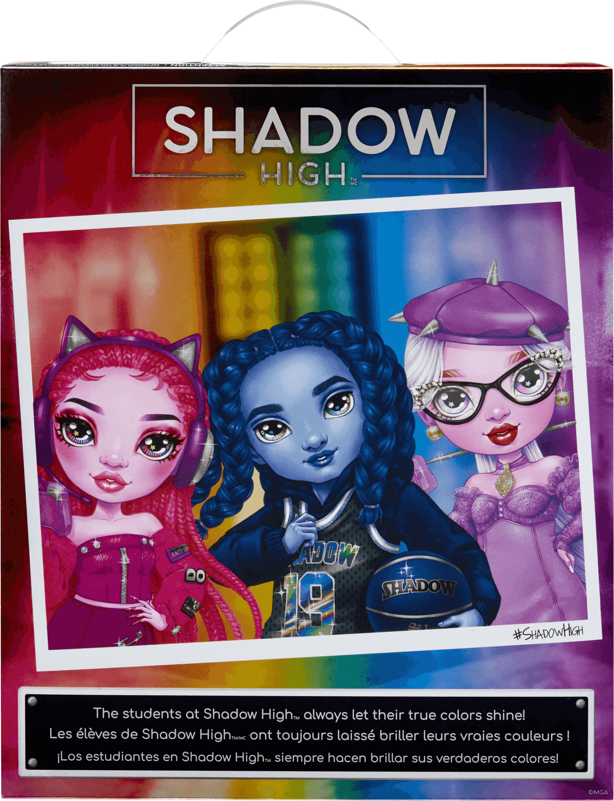 Caja de muñecas Shadow High con tres personajes elegantes en rosa, azul y morado sobre un fondo de arcoíris.