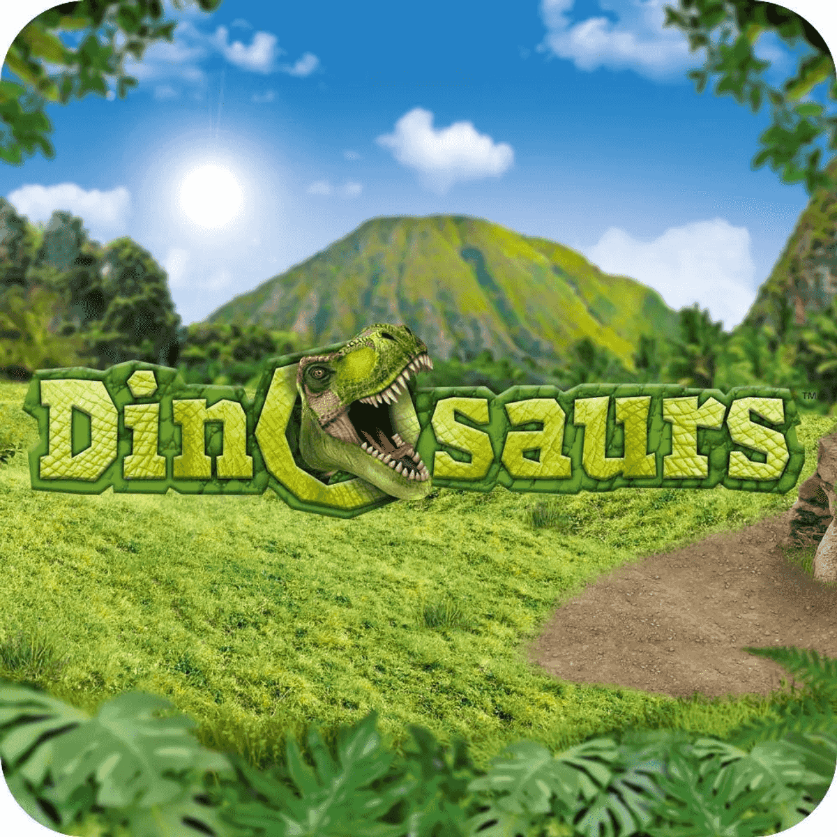 Logo del dinosauro verde davanti a un paesaggio montano.