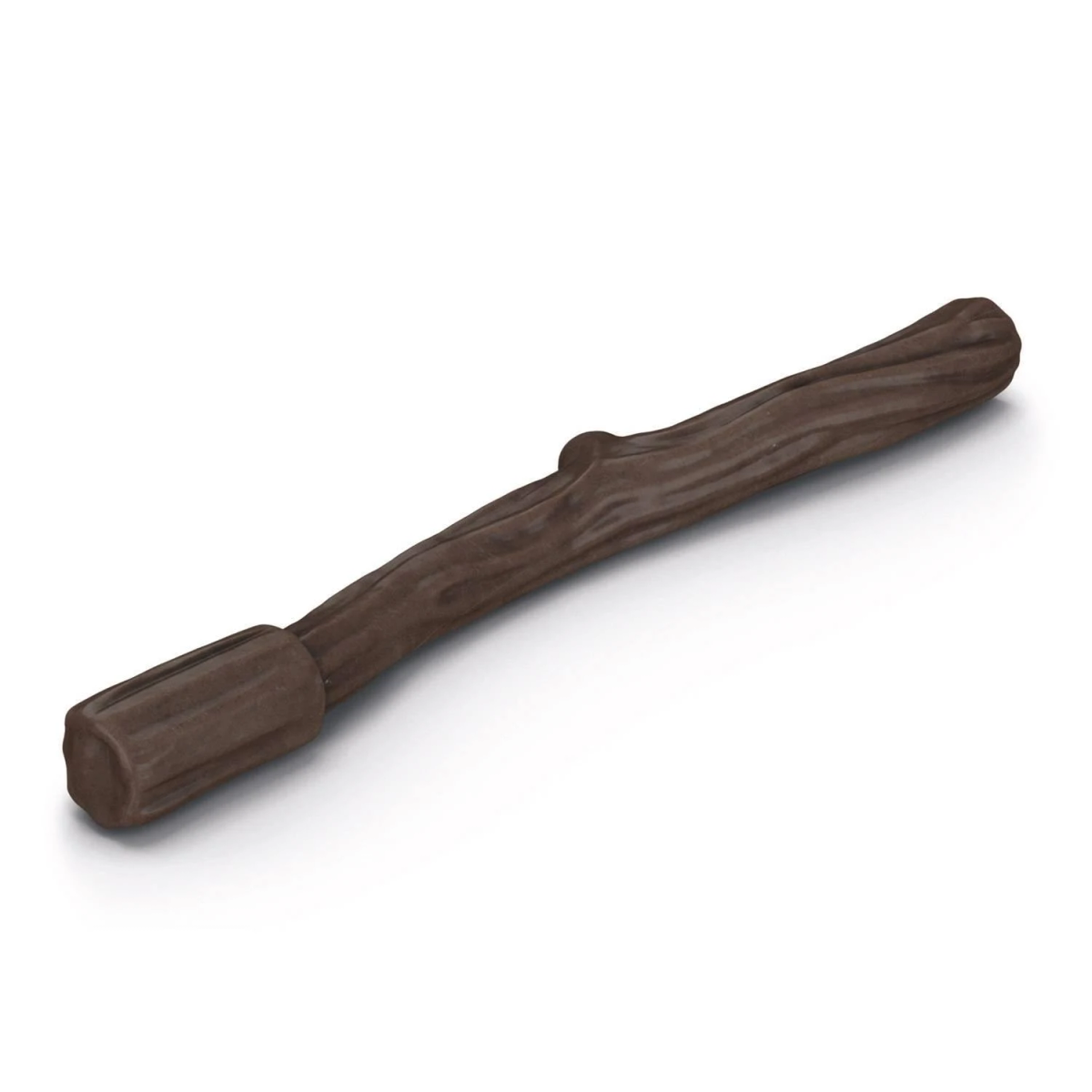 Un giocattolo da masticare marrone per cani a forma di bastoncino di legno su sfondo bianco.