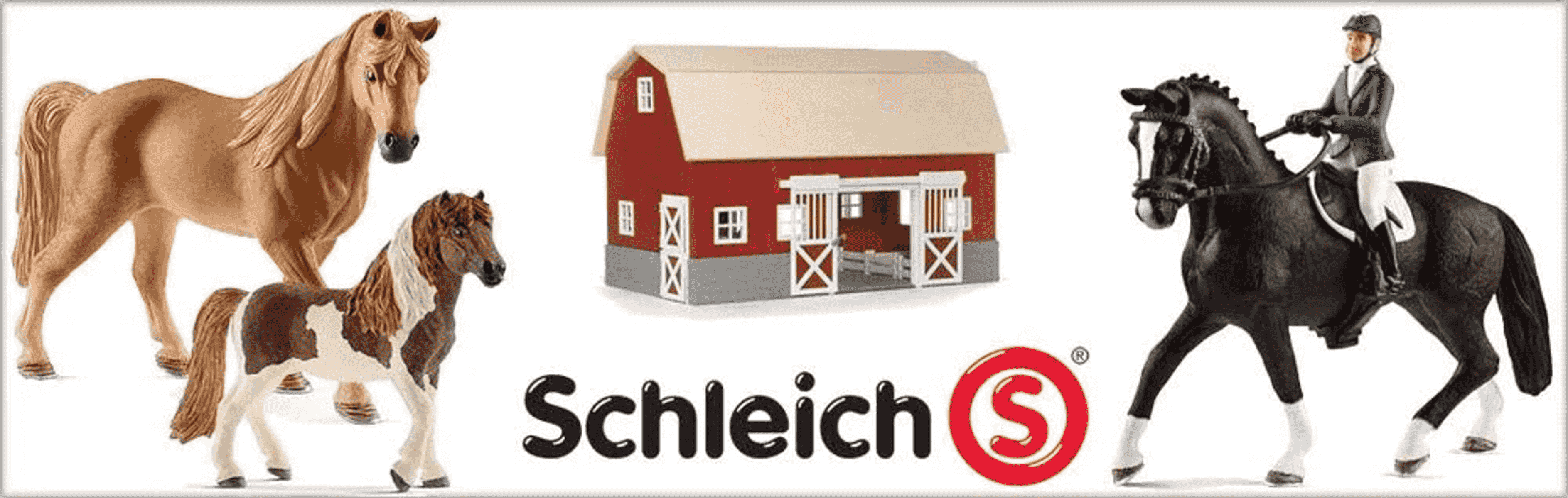 Set di giocattoli Schleich con cavalli, un fienile e un cavaliere su sfondo bianco.