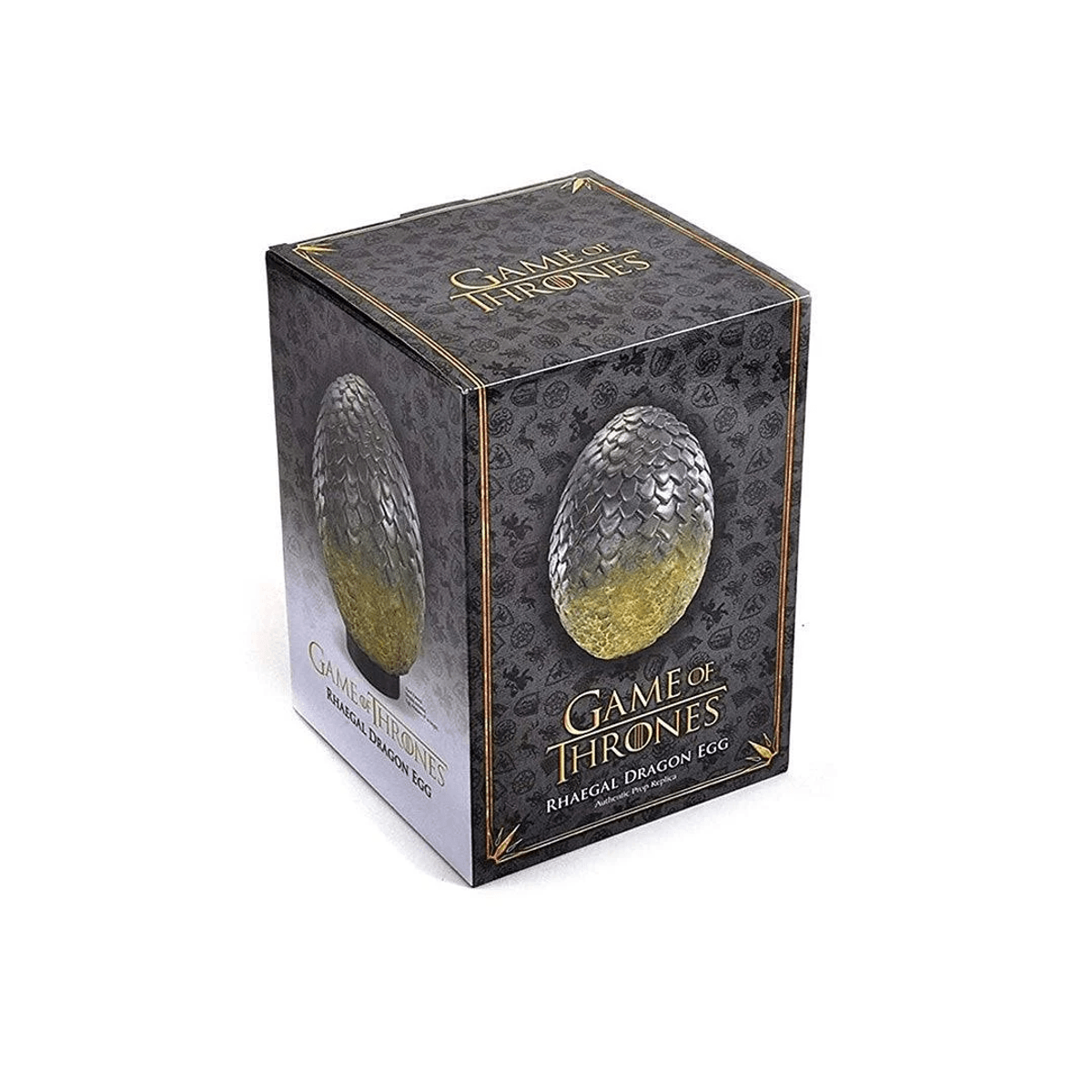 Una caja de producto del huevo de dragón Rhaegal de Juego de Tronos sobre fondo blanco.