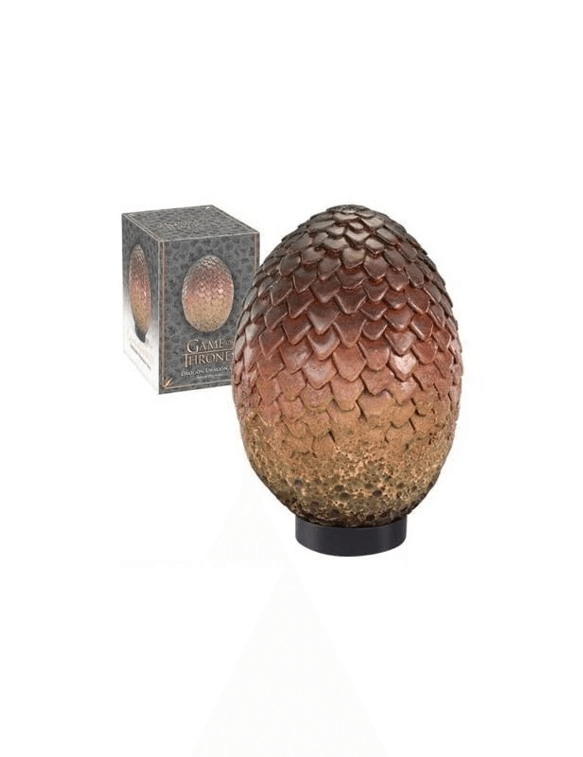 Réplica de huevo de dragón de Game of Thrones con escamas marrones texturizadas, en un soporte junto a su caja.