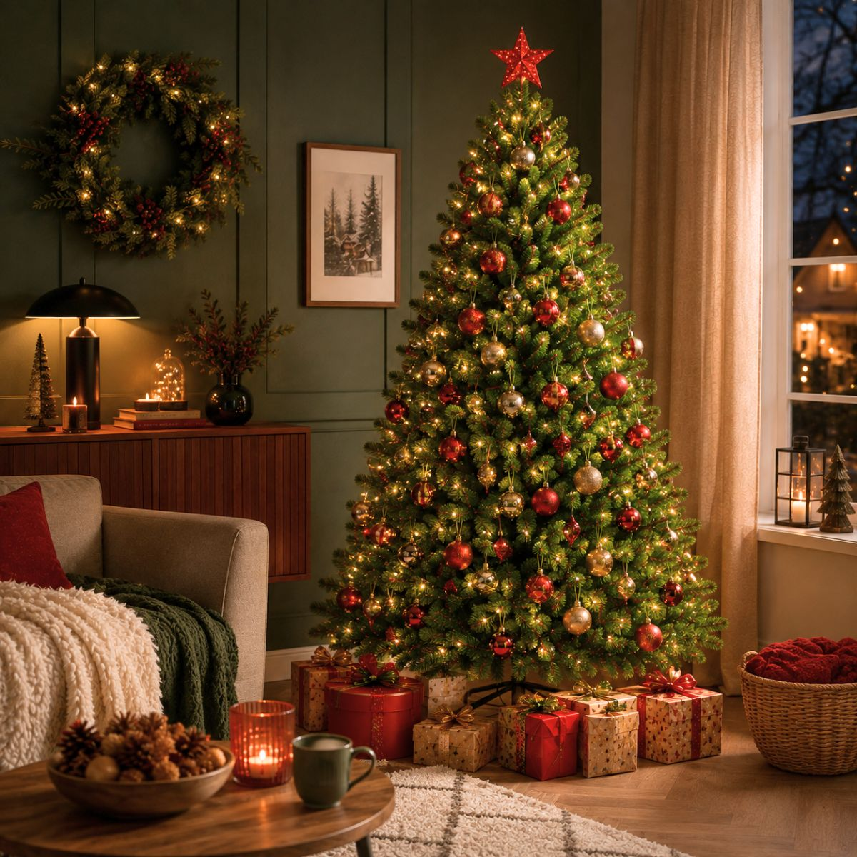 A decorated Christmas tree with red and gold baubles, lights, and a red star topper in a cozy living room.