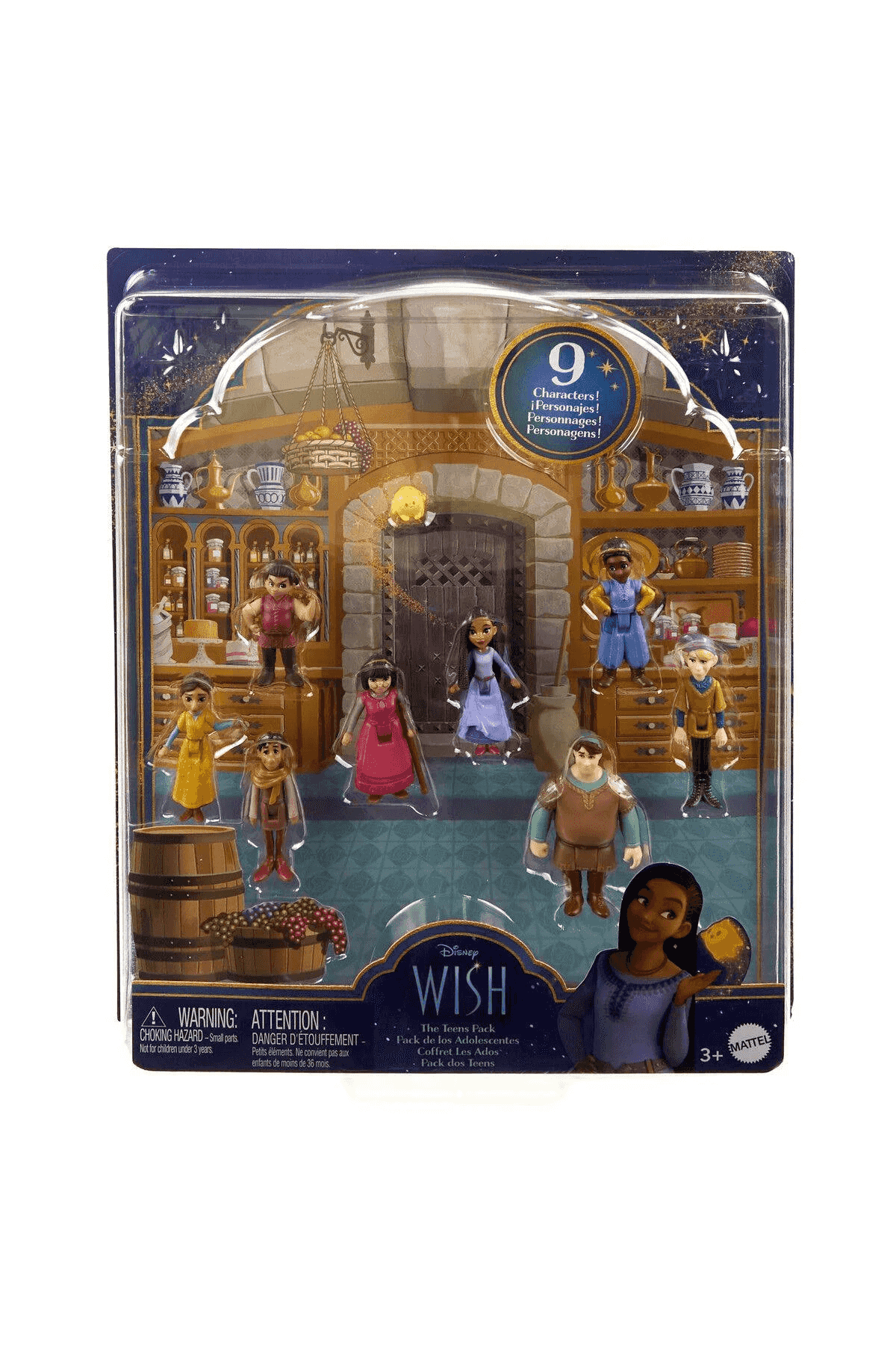 Mattel Disney Wish The Teens Pack Spielset mit neun Charakterfiguren in einer blau-goldenen Verpackung.