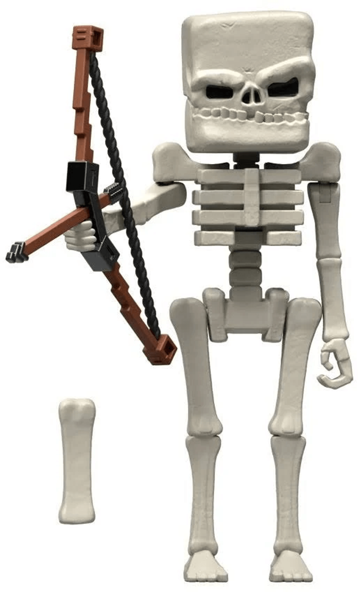 Figura de acción de esqueleto de Minecraft sosteniendo un arco con un hueso extra sobre fondo blanco.
