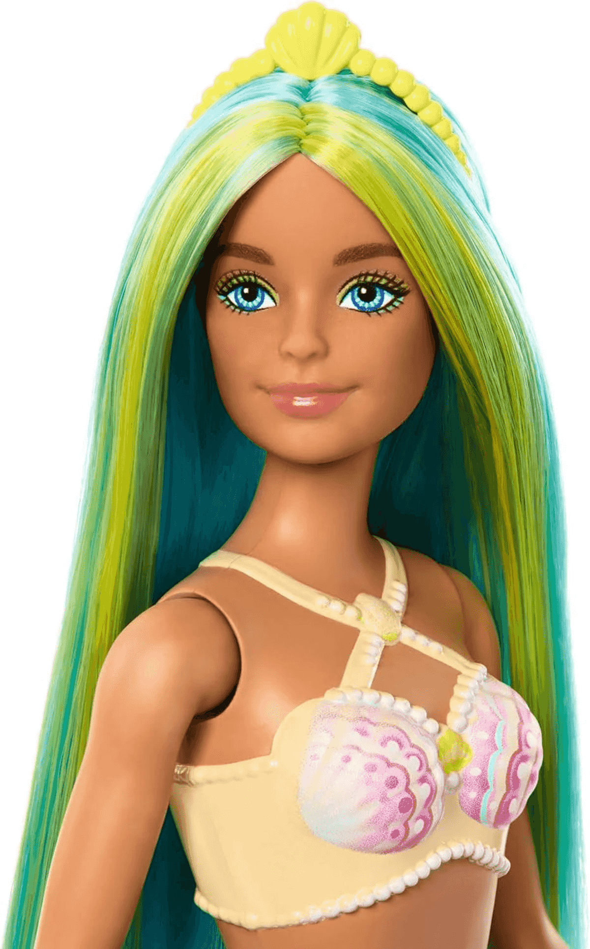Close-up einer Modepuppe mit langem, blau-gelbem Haar, blauem Augen-Make-up und einem Muscheltop.