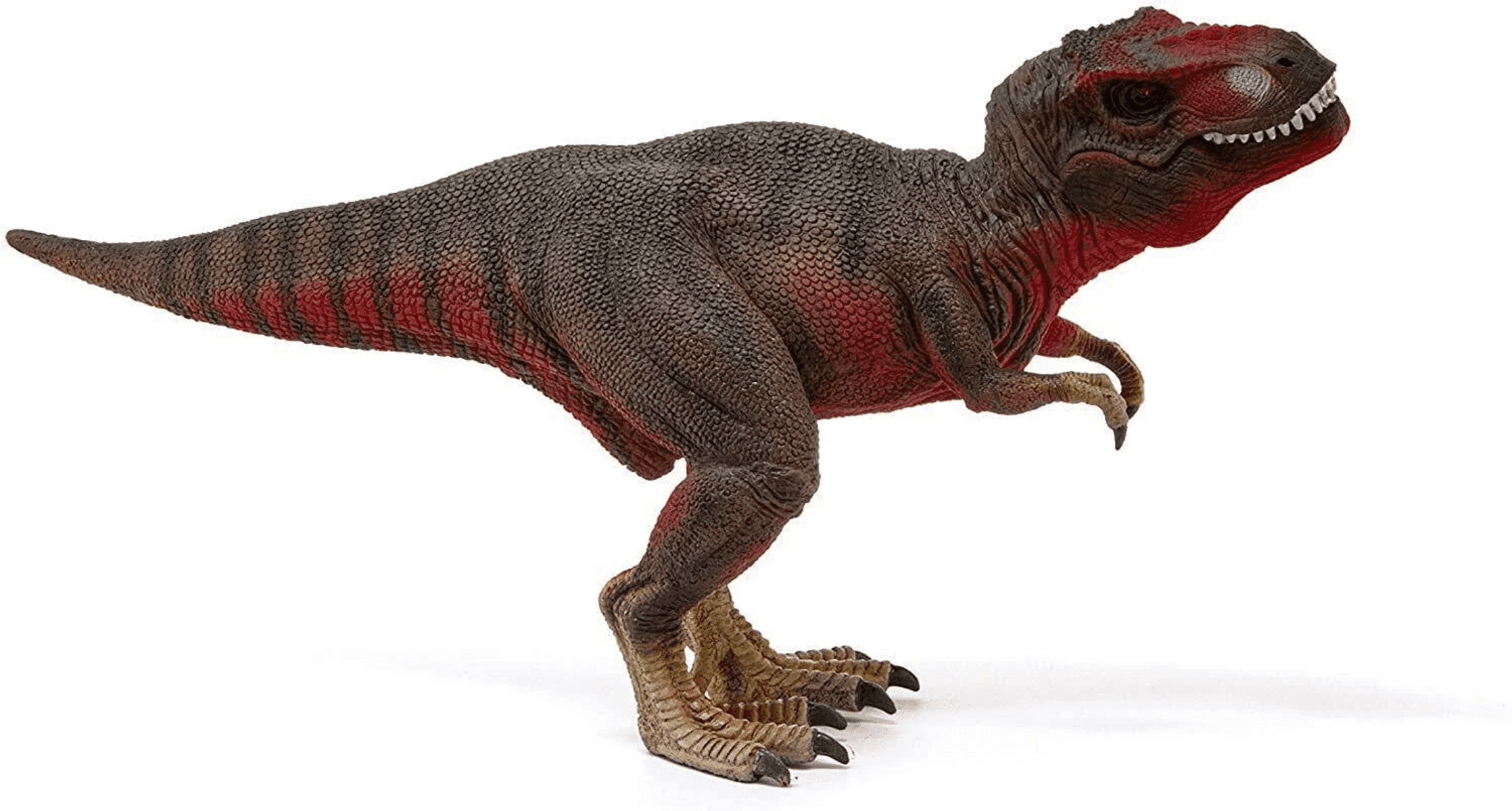 Tirannosauro Rex giocattolo con pelle marrone e dettagli rossi su sfondo bianco.