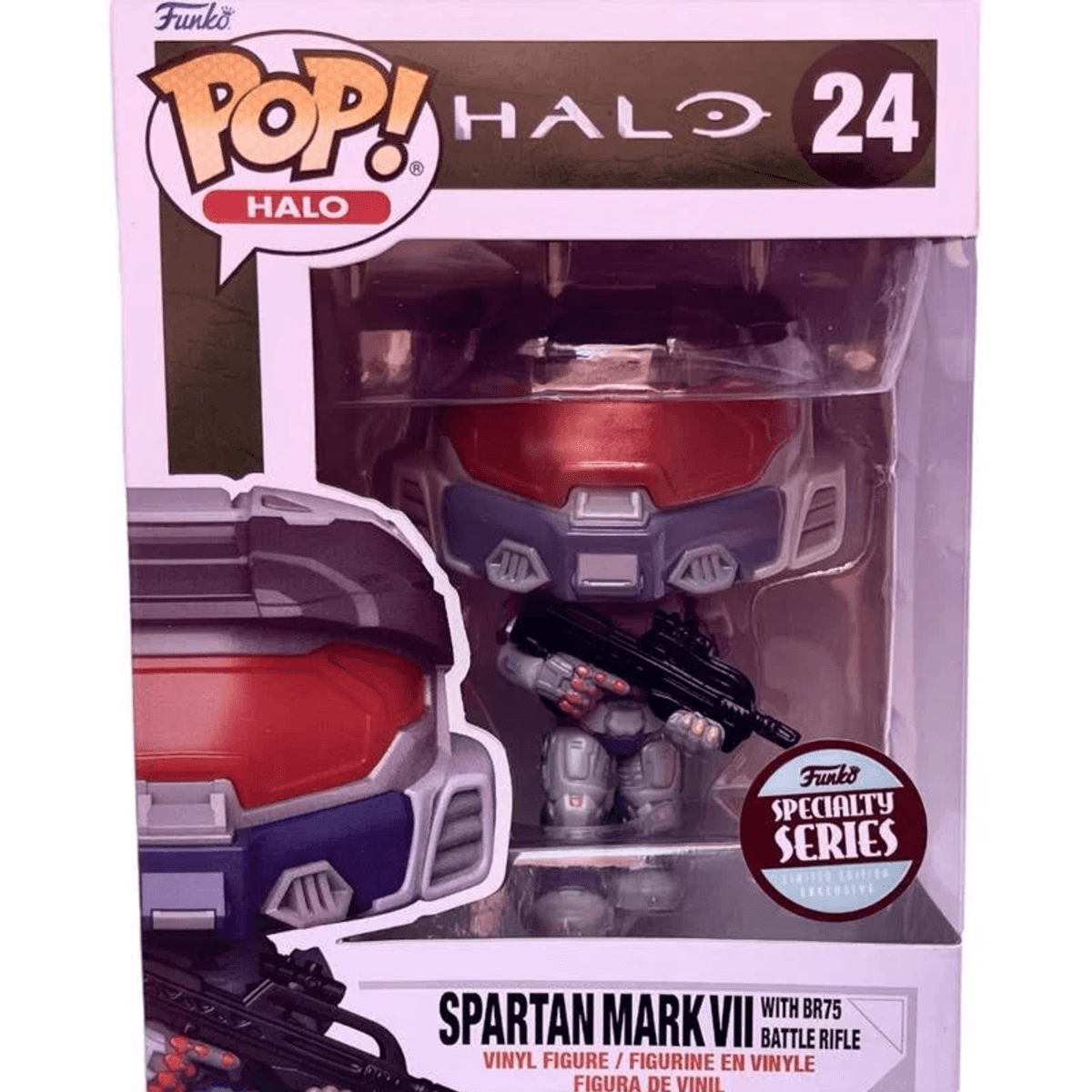 Eine Funko Pop Halo Figur von Spartan Mark VII mit Gewehr in der Box.