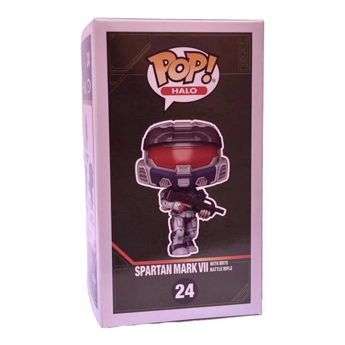 Halo Spartan Mark VII Funko Pop Figur in weißer Box mit rotem Visier und Gewehr.