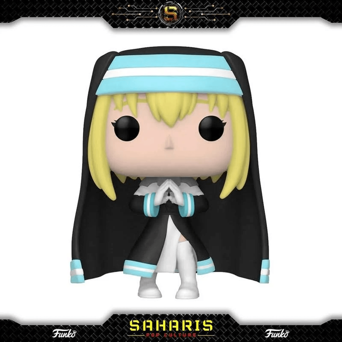 Una figura Funko Pop con cabello rubio, tocado azul y túnica negra está rezando.