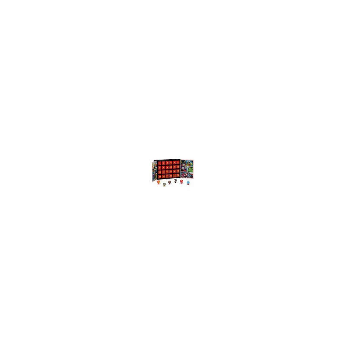 Un calendario dell'avvento aperto con porte rosse numerate e piccole figure davanti su sfondo bianco.