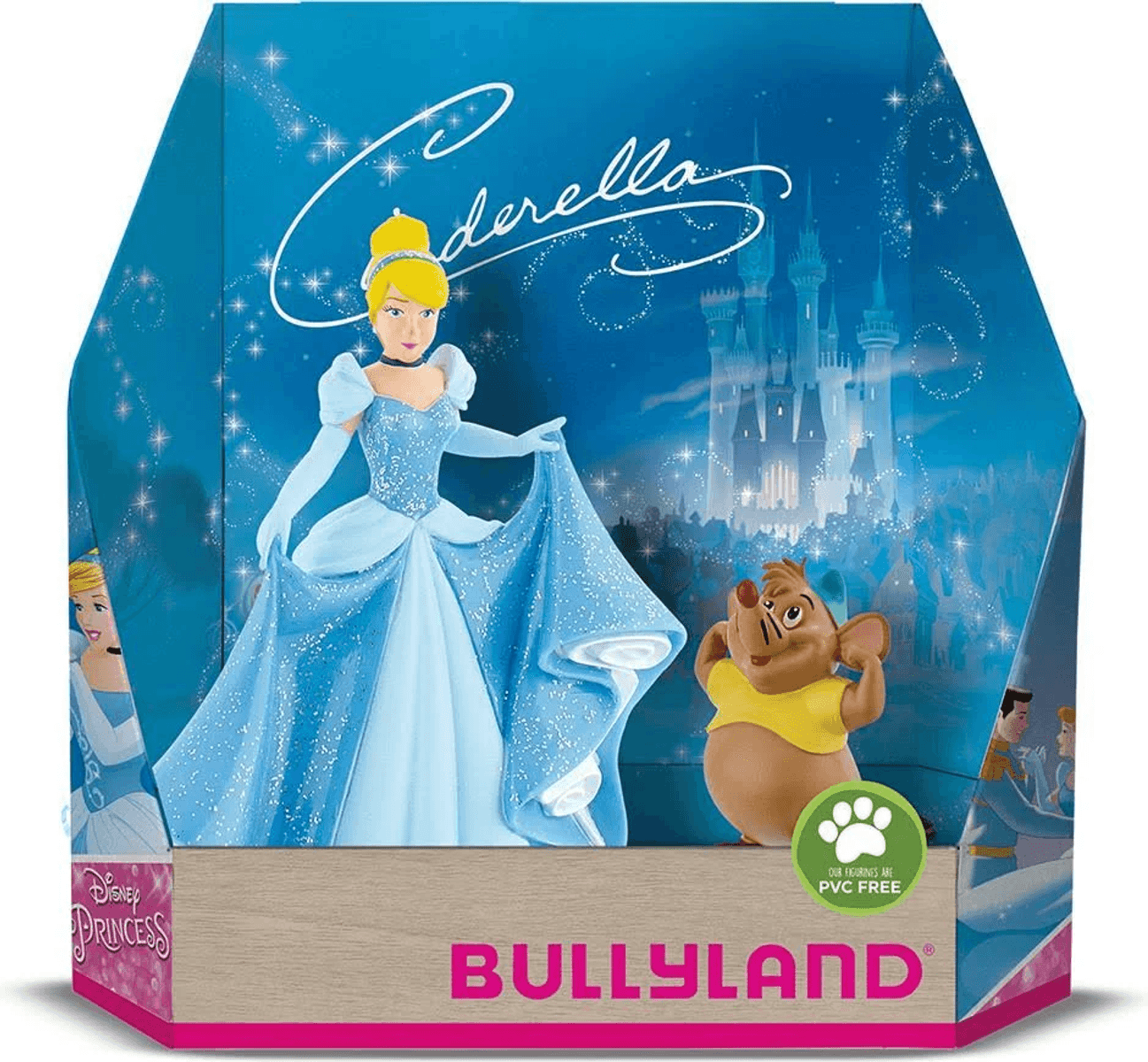 Verpackung von Bullyland mit Cinderella und einer Maus vor einer blauen Schloss-Szenerie.