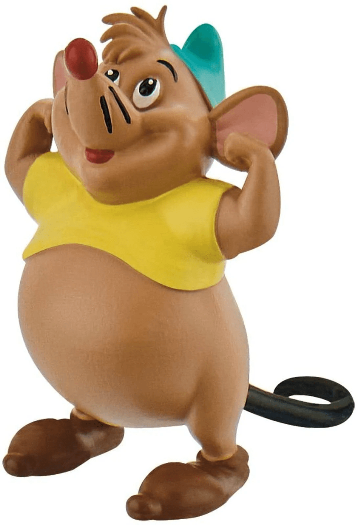 Eine braune Zeichentrickmaus mit gelbem Shirt, blauer Mütze und roten Wangen flext ihre Arme.