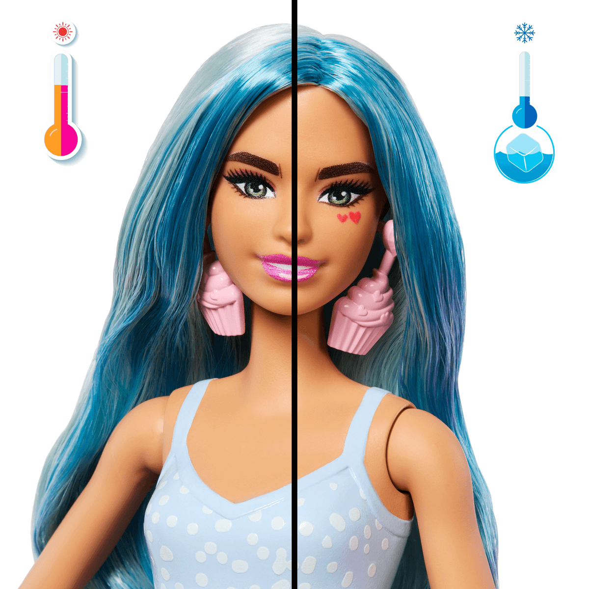 Geteiltes Bild einer Barbie-Puppe mit blauen Haaren zeigt eine Temperaturwechsel-Funktion.