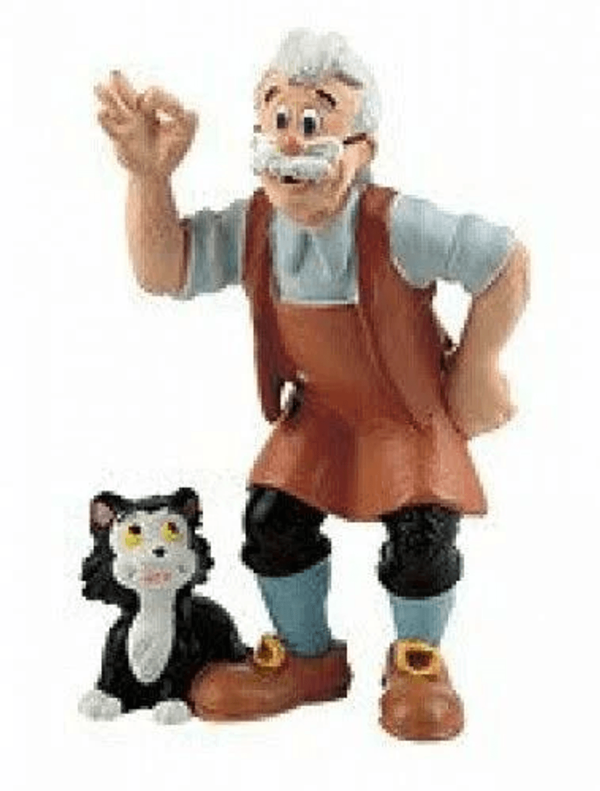 Una figura de Gepetto de Pinocho con bigote blanco, chaleco marrón y un gato blanco y negro al lado.