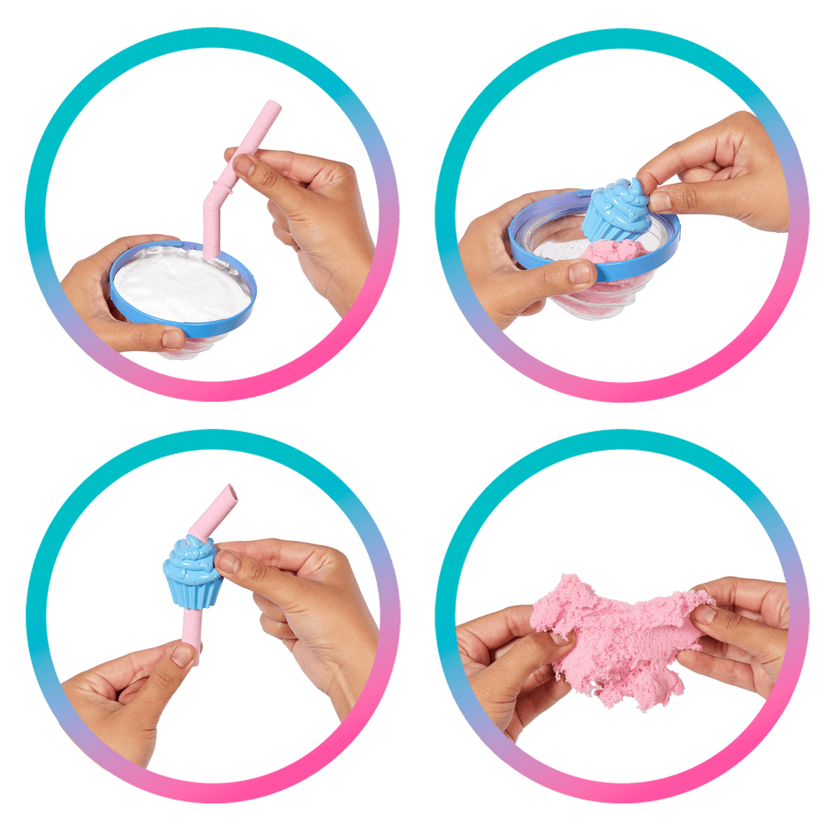 Vier runde Felder zeigen Hände, die Spielzeugteile zusammenbauen, einen blauen Cupcake-Aufsatz platzieren und rosa kinetischen Sand ziehen.