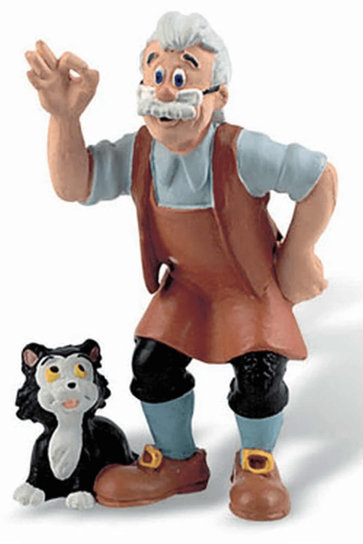 Una figura de Geppetto con canas y delantal marrón está junto a un gato blanco y negro.
