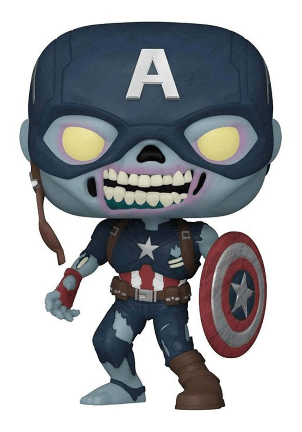 Una figure Funko Pop di Zombie Capitan America in abito blu, con occhi gialli luminosi, denti esposti e uno scudo.